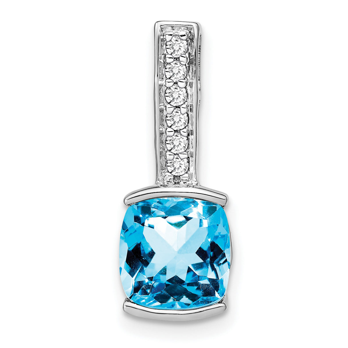 14k White Gold Pendant with Cushion Cut Swiss Blue Topaz and Vertical Diamond Accent