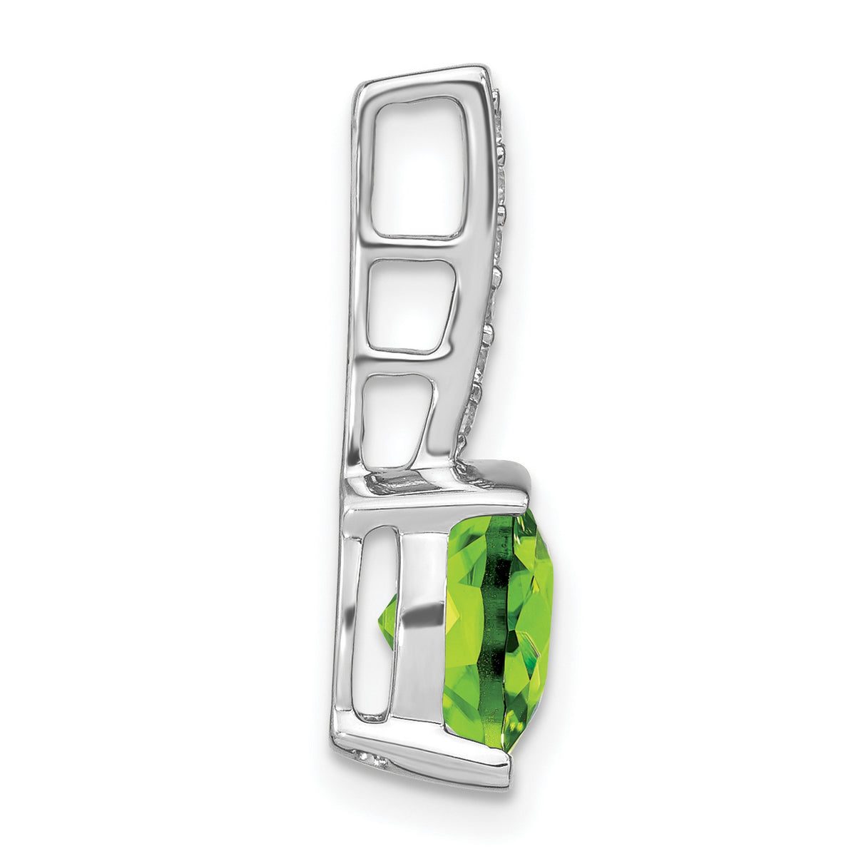 14k White Gold Pendant with Cushion Cut Peridot and Vertical Diamond Accents, August Birthstone