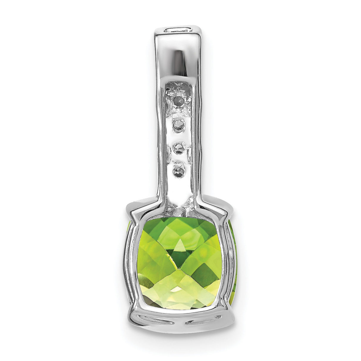 14k White Gold Pendant with Cushion Cut Peridot and Vertical Diamond Accents, August Birthstone