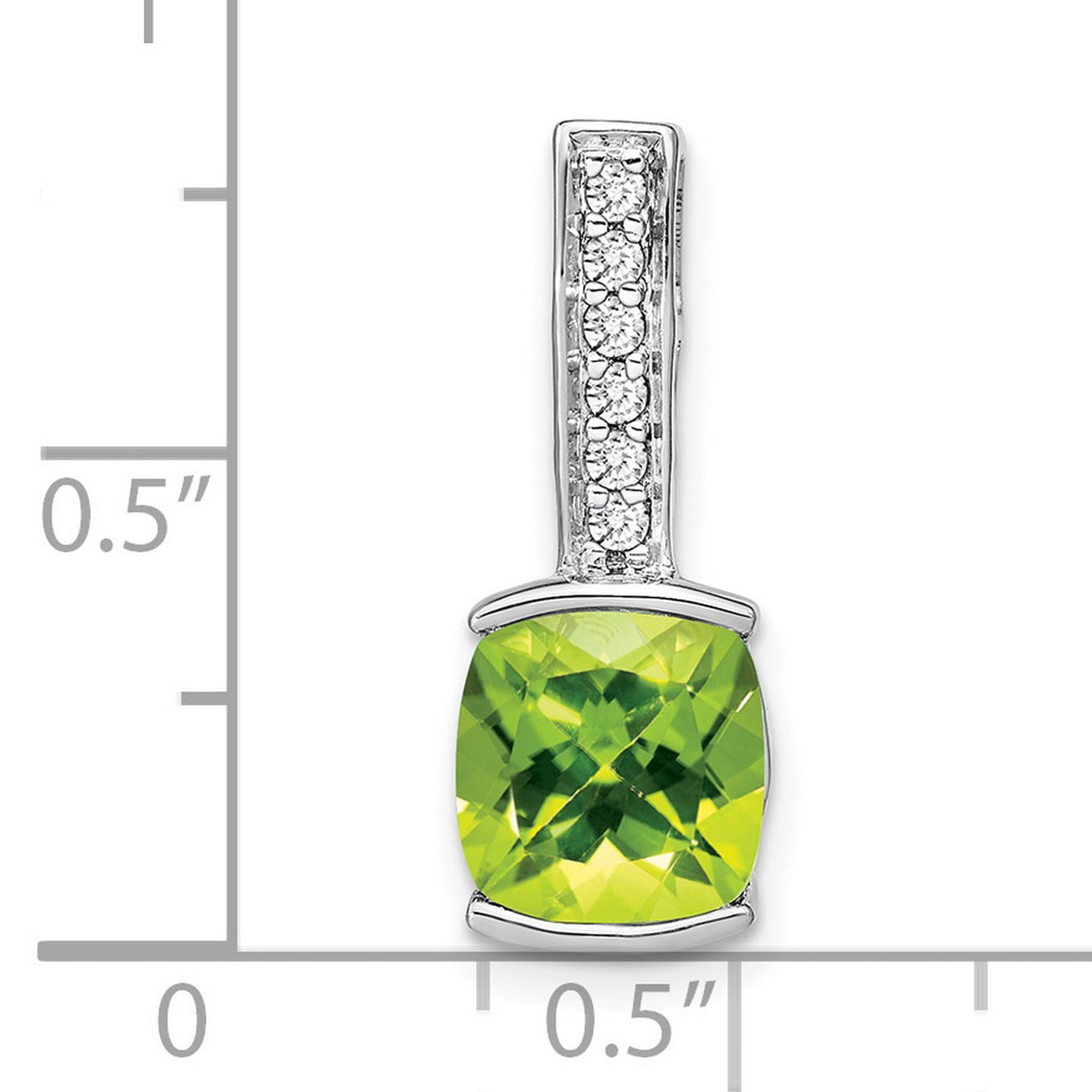 14k White Gold Pendant with Cushion Cut Peridot and Vertical Diamond Accents, August Birthstone