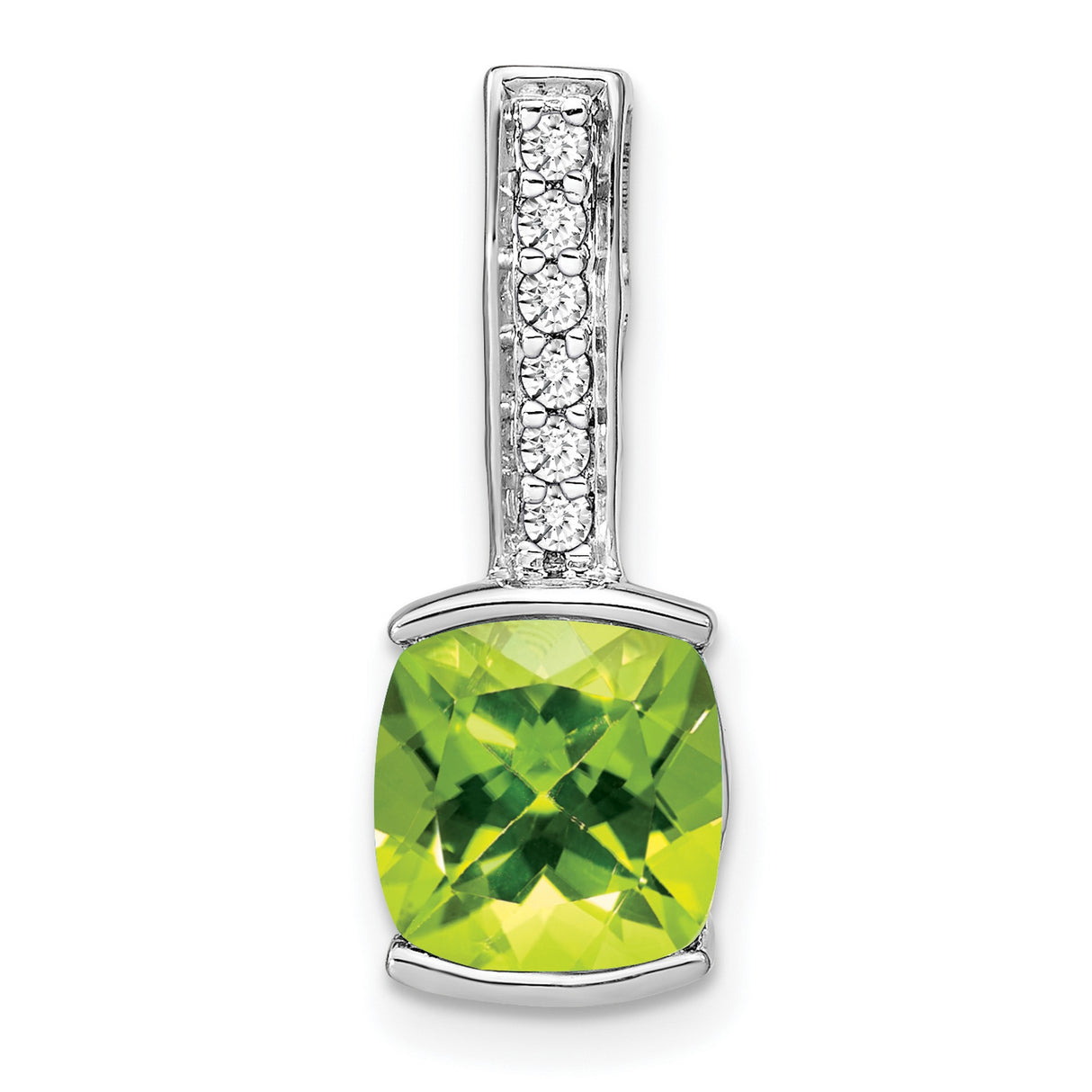 14k White Gold Pendant with Cushion Cut Peridot and Vertical Diamond Accents, August Birthstone