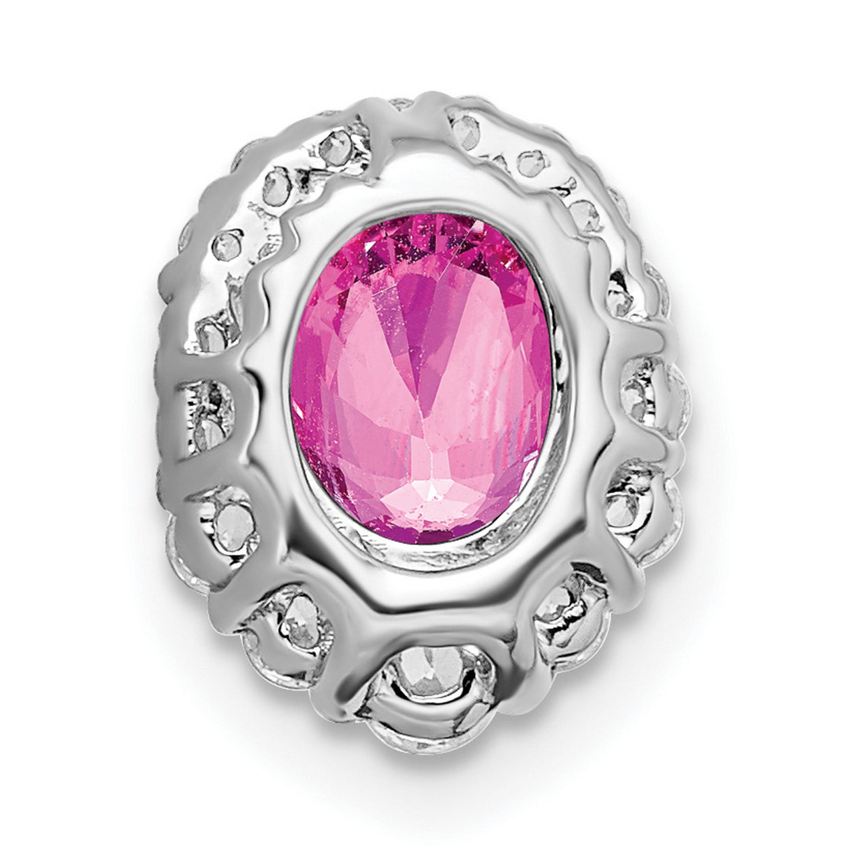 14k White Gold Ring with Oval Pink Lab Created Sapphire and Diamond Halo