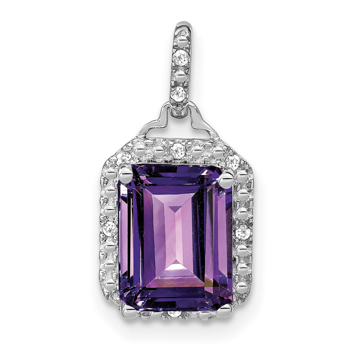 10k White Gold Pendant with Emerald Cut Amethyst and Diamond Halo