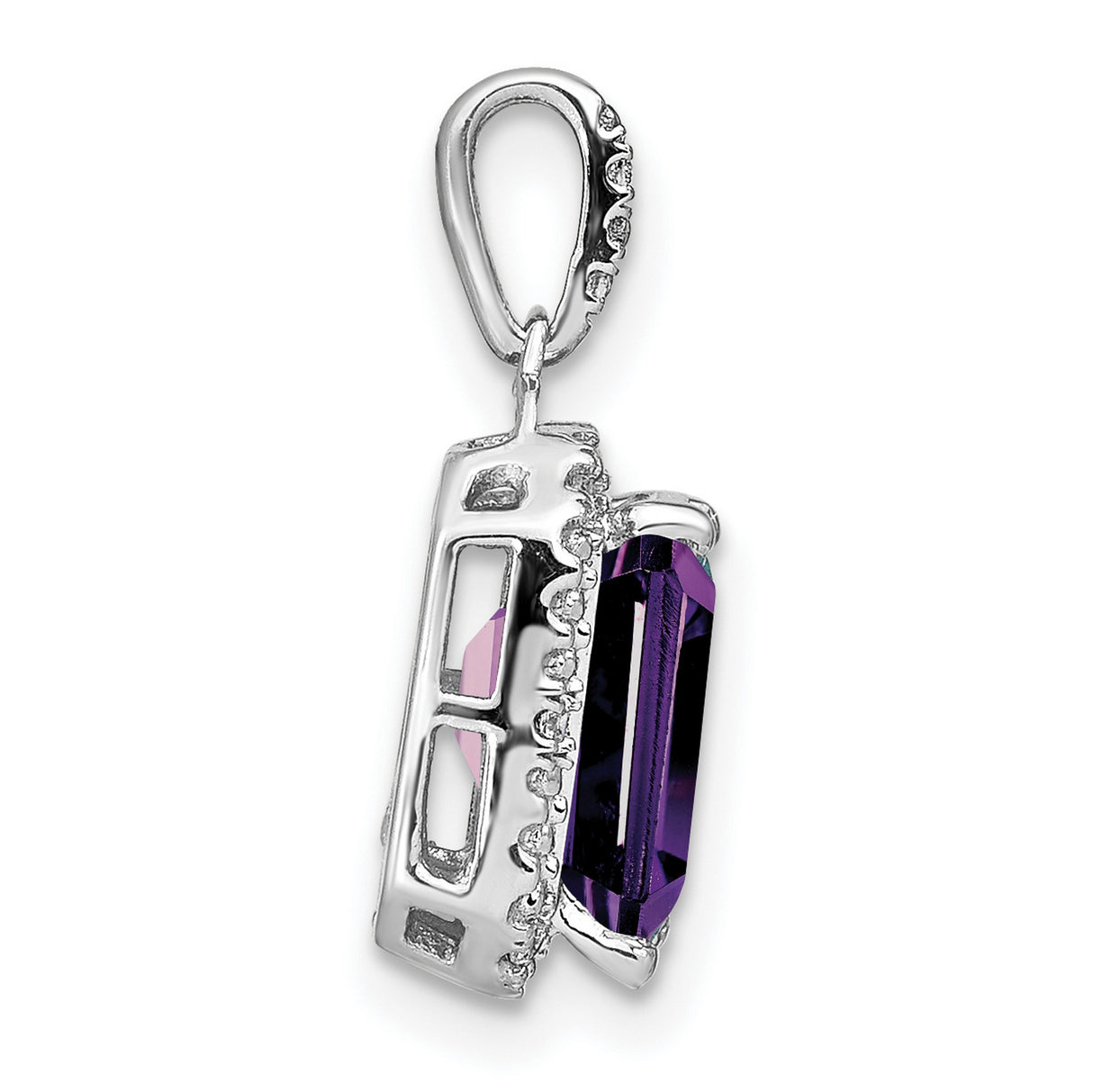 14k White Gold Pendant with Amethyst and Diamond Halo, Elegant Gemstone Charm for Women