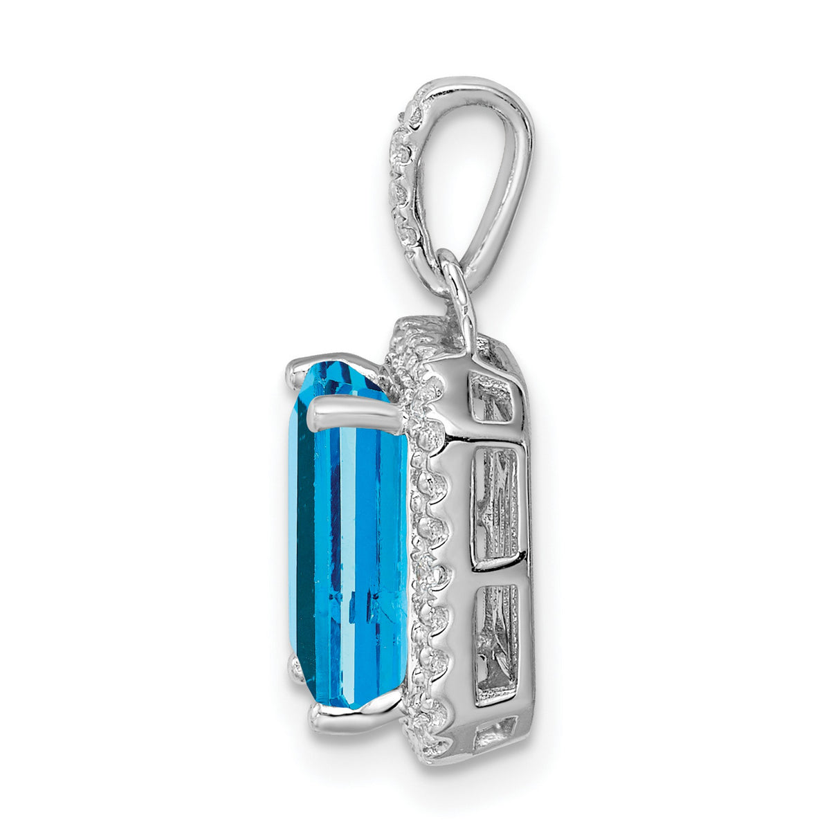 10k White Gold Pendant with Emerald Cut Swiss Blue Topaz and Diamond Halo