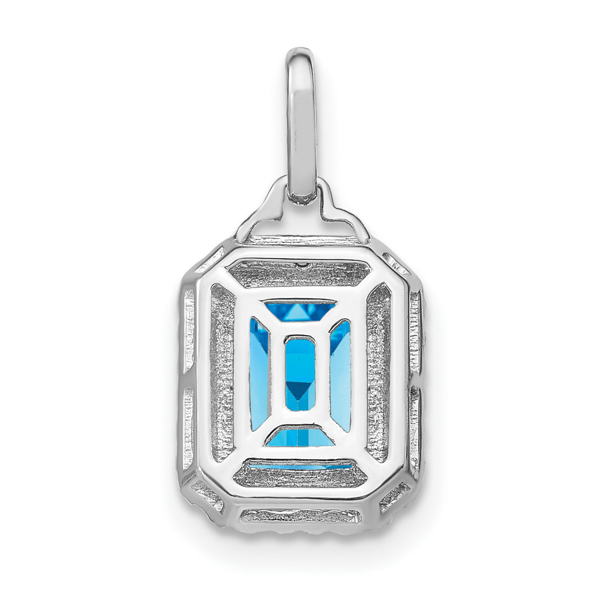 14k White Gold Blue Topaz Pendant with Diamond Halo, Emerald-Cut Gemstone Necklace