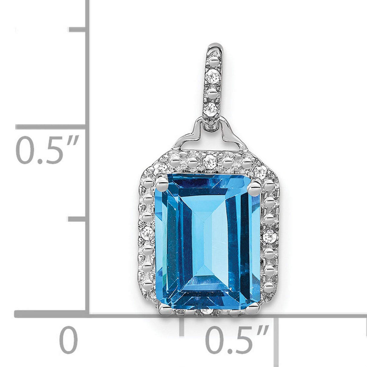 14k White Gold Blue Topaz Pendant with Diamond Halo, Emerald-Cut Gemstone Necklace