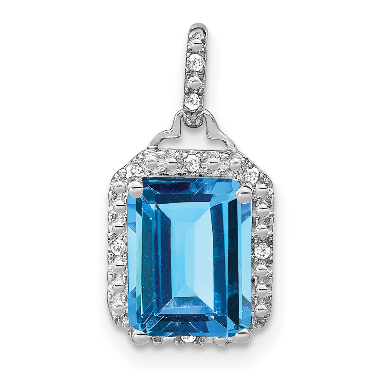 14k White Gold Blue Topaz Pendant with Diamond Halo, Emerald-Cut Gemstone Necklace
