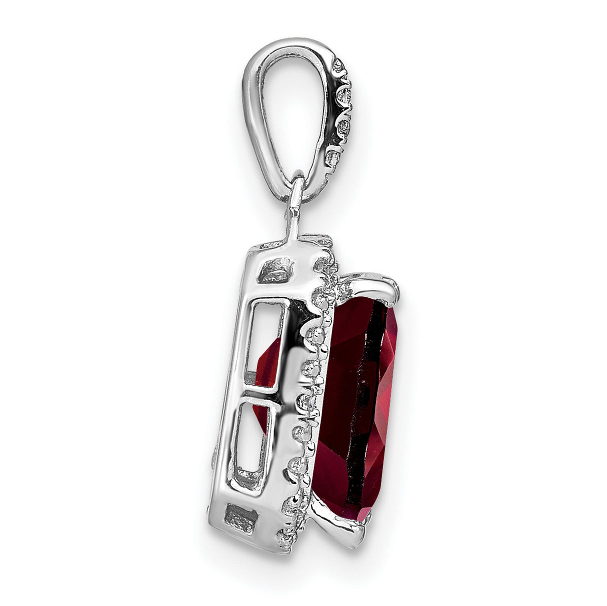 14k White Gold Garnet Pendant with Diamond Halo, Emerald Cut January Birthstone Jewelry