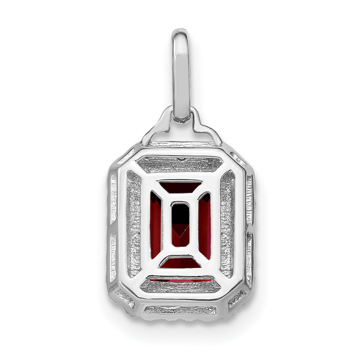 14k White Gold Garnet Pendant with Diamond Halo, Emerald Cut January Birthstone Jewelry
