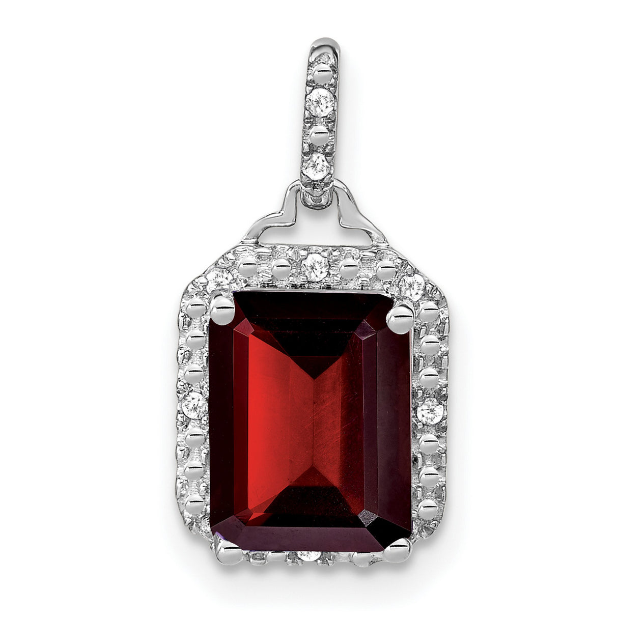 14k White Gold Garnet Pendant with Diamond Halo, Emerald Cut January Birthstone Jewelry
