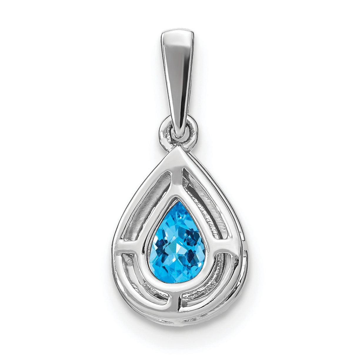 14k White Gold Teardrop Pendant with Pear Shaped Swiss Blue Topaz and Diamond Halo