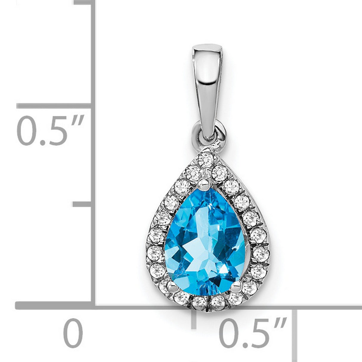 14k White Gold Teardrop Pendant with Pear Shaped Swiss Blue Topaz and Diamond Halo