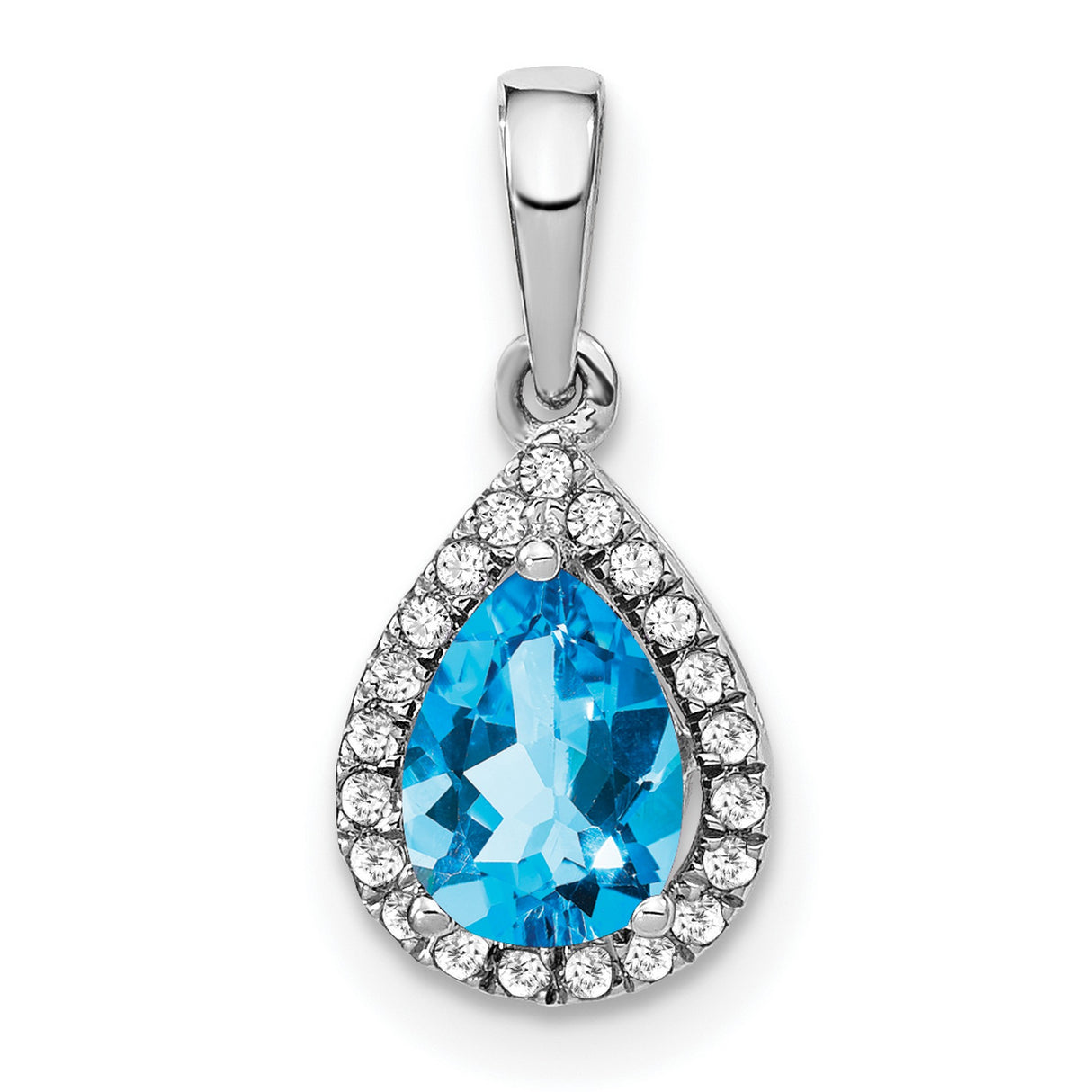14k White Gold Teardrop Pendant with Pear Shaped Swiss Blue Topaz and Diamond Halo