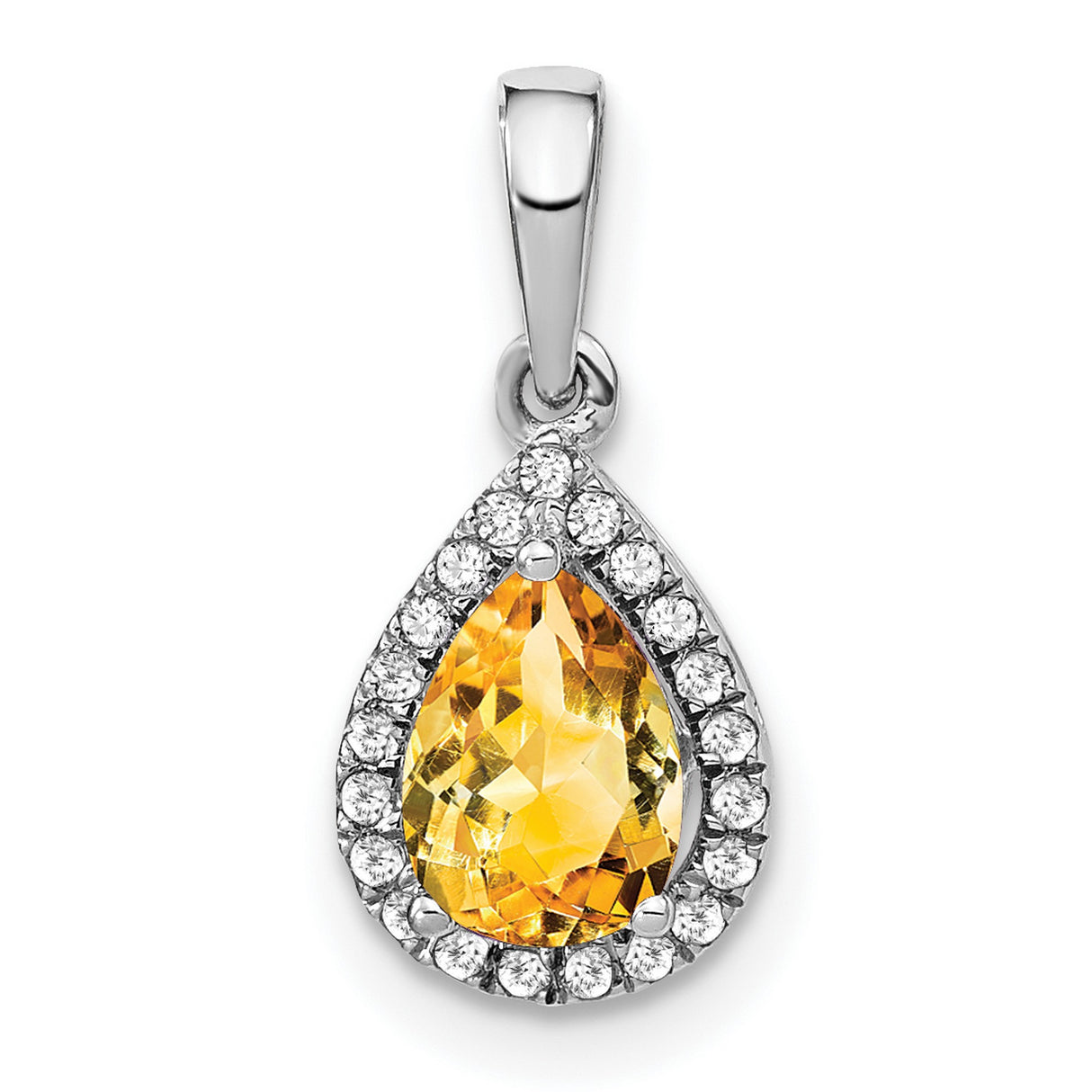 14k White Gold Teardrop Pendant with Pear Shaped Citrine and Diamond Halo Design