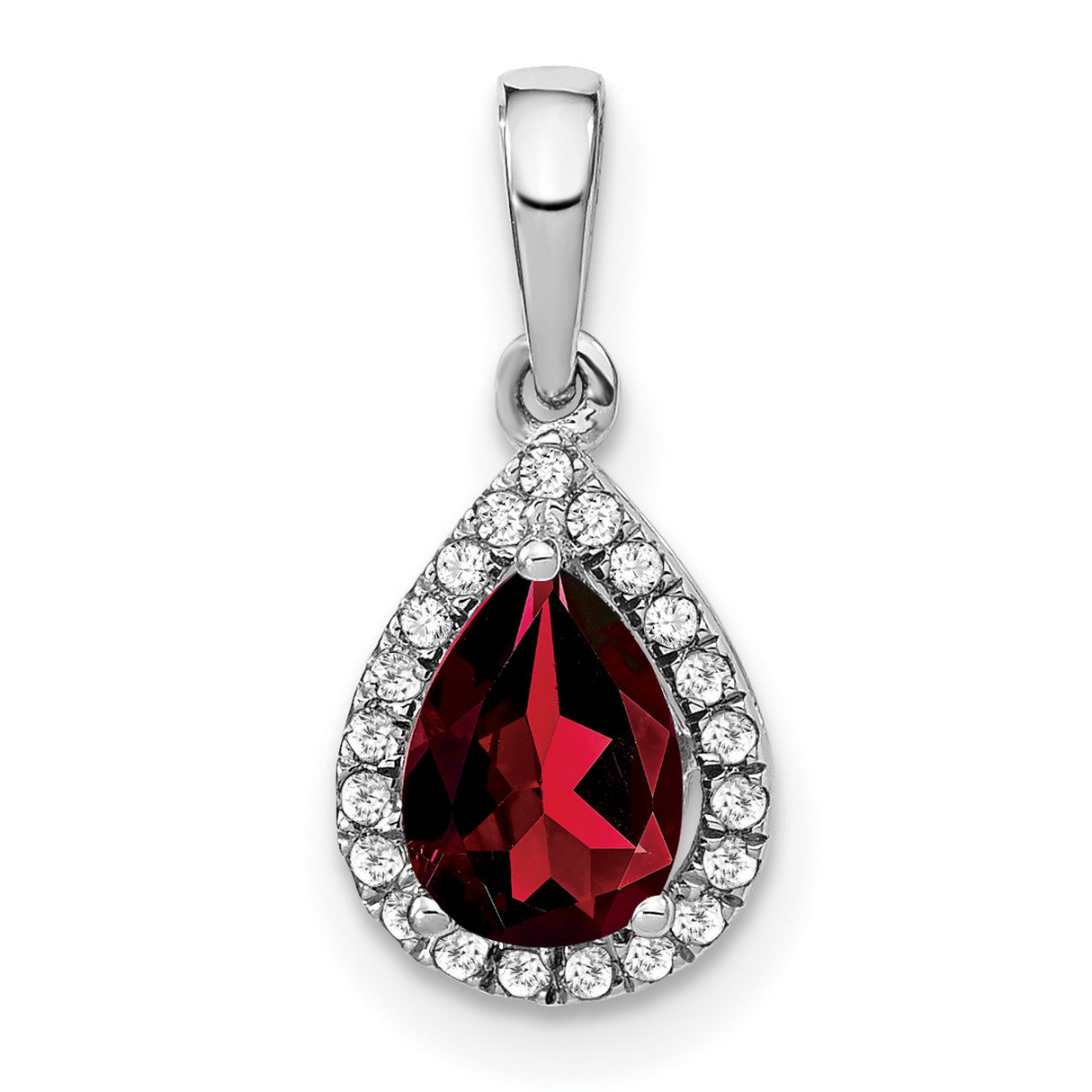 14k White Gold Teardrop Garnet and Diamond Pendant with Halo Design for Women