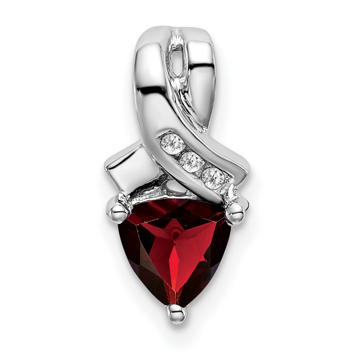 14k White Gold Pendant with Heart-Shaped Garnet and Diamond Accents, Ribbon Design