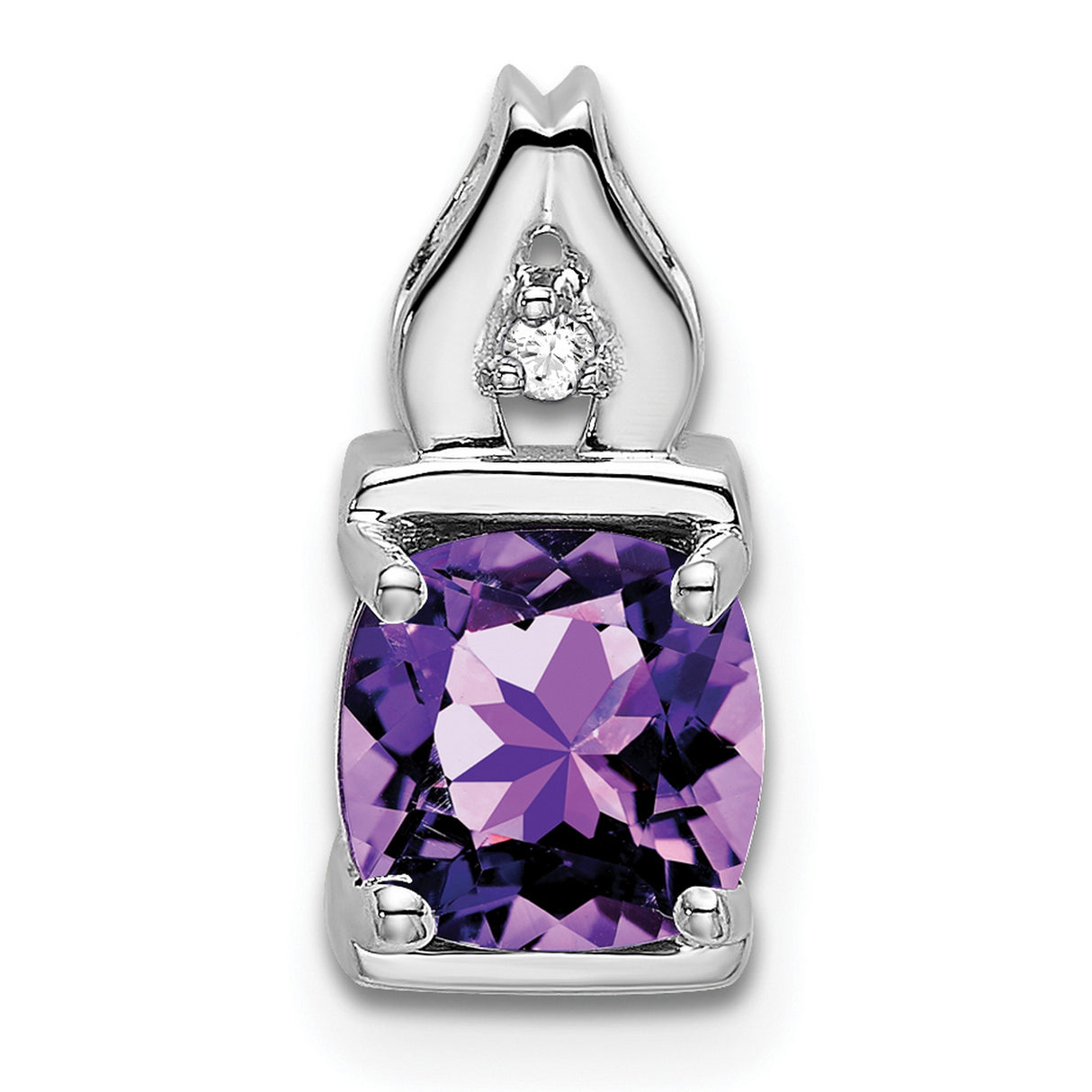 14k White Gold Pendant with Amethyst and Diamond Accent, Flame Bail Design