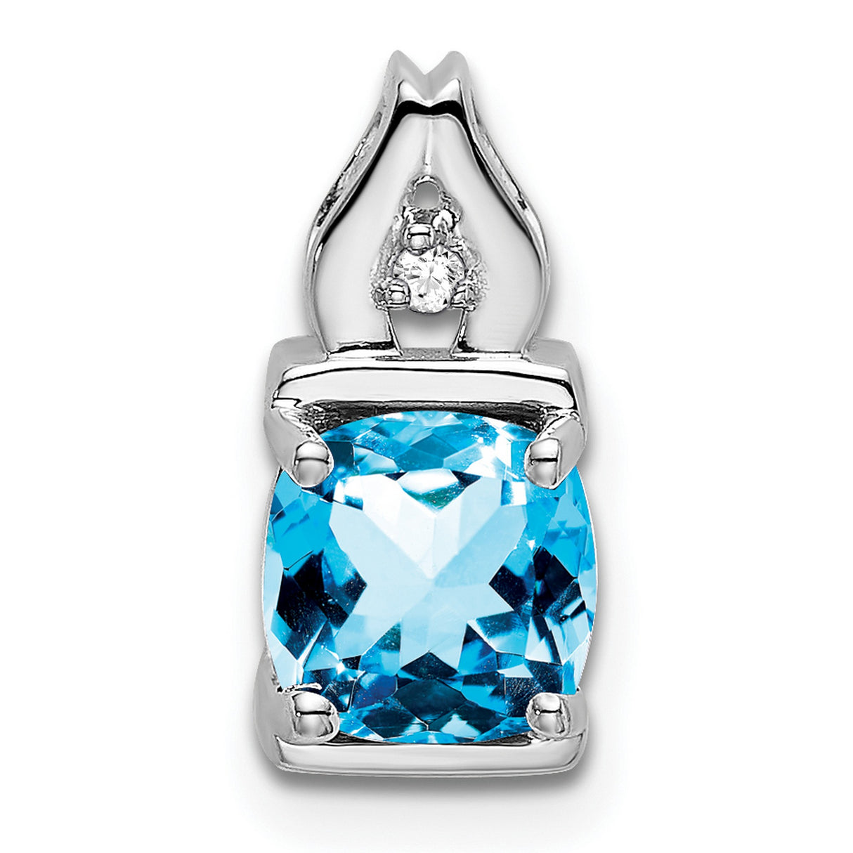 14k White Gold Pendant with Swiss Blue Topaz and Diamond Accent, Flame Bail Lotus Design