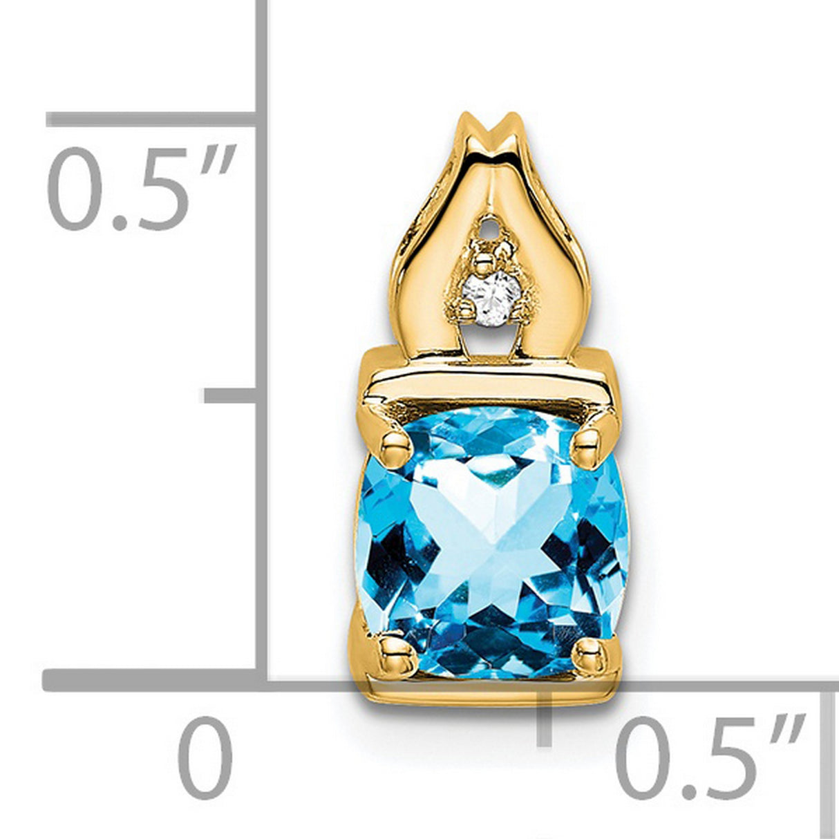 14k Yellow Gold Pendant with Cushion Cut Swiss Blue Topaz and Diamond Accent, Flame Inspired Christian Design