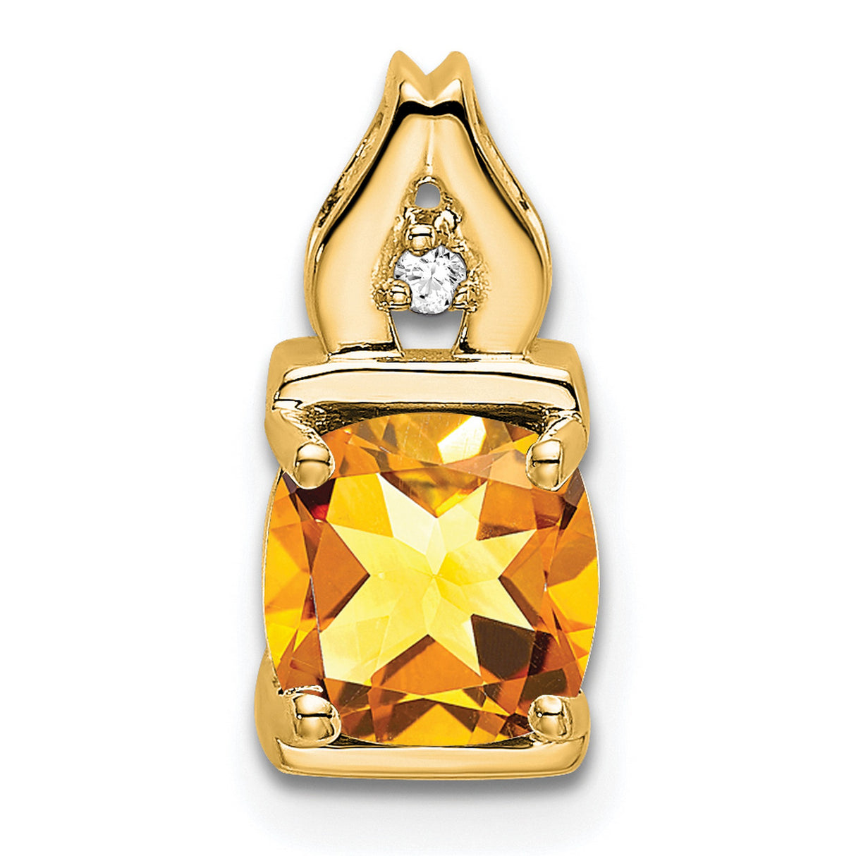 14k Yellow Gold Cushion Citrine Pendant with Diamond Accent, Flame Design, Christian Symbolism