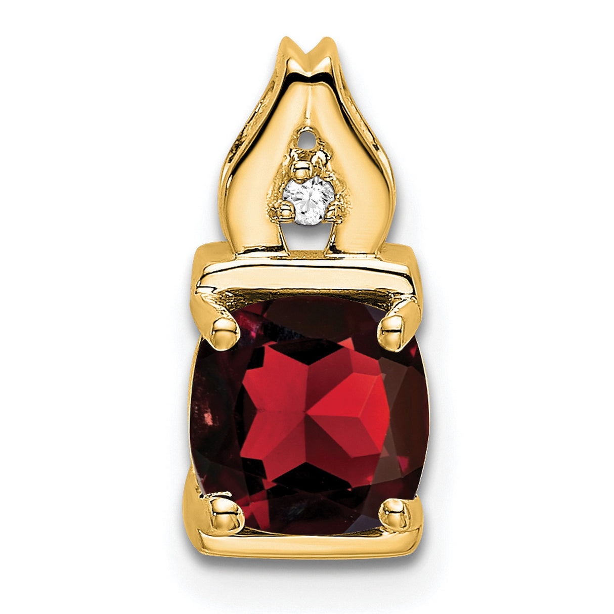 14k Yellow Gold Pendant with Cushion Cut Garnet and Diamond Accent, Flame Design