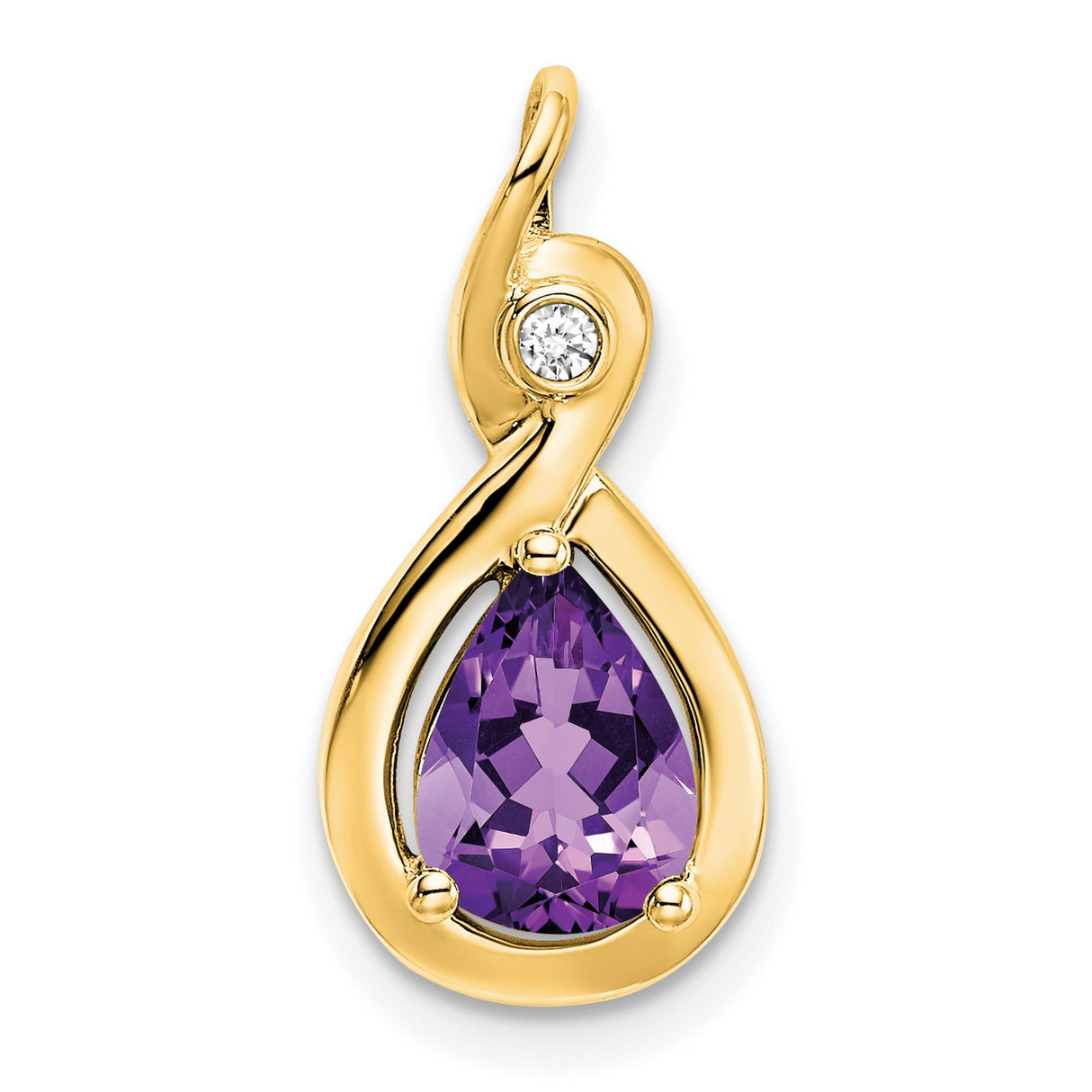Pear Amethyst and Diamond Charm Pendant in Real 14k Yellow Gold