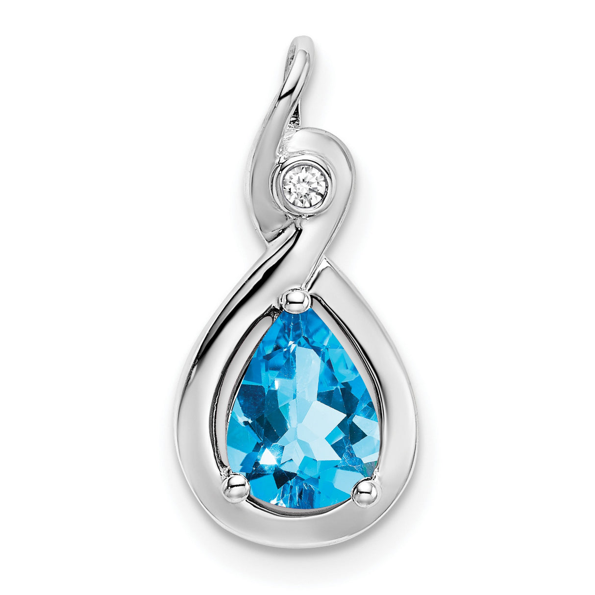 10k White Gold Pendant with Pear Shaped Swiss Blue Topaz and Diamond Accent in Twist Design