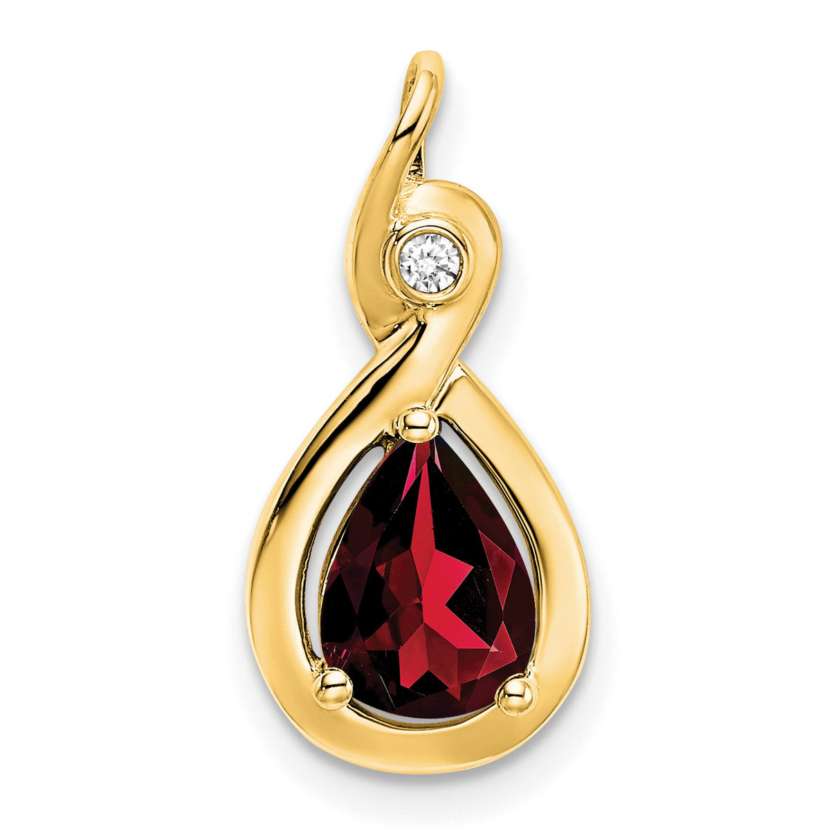 10k Yellow Gold Pendant with Garnet Teardrop and Diamond Accent in Twisted Loop Design