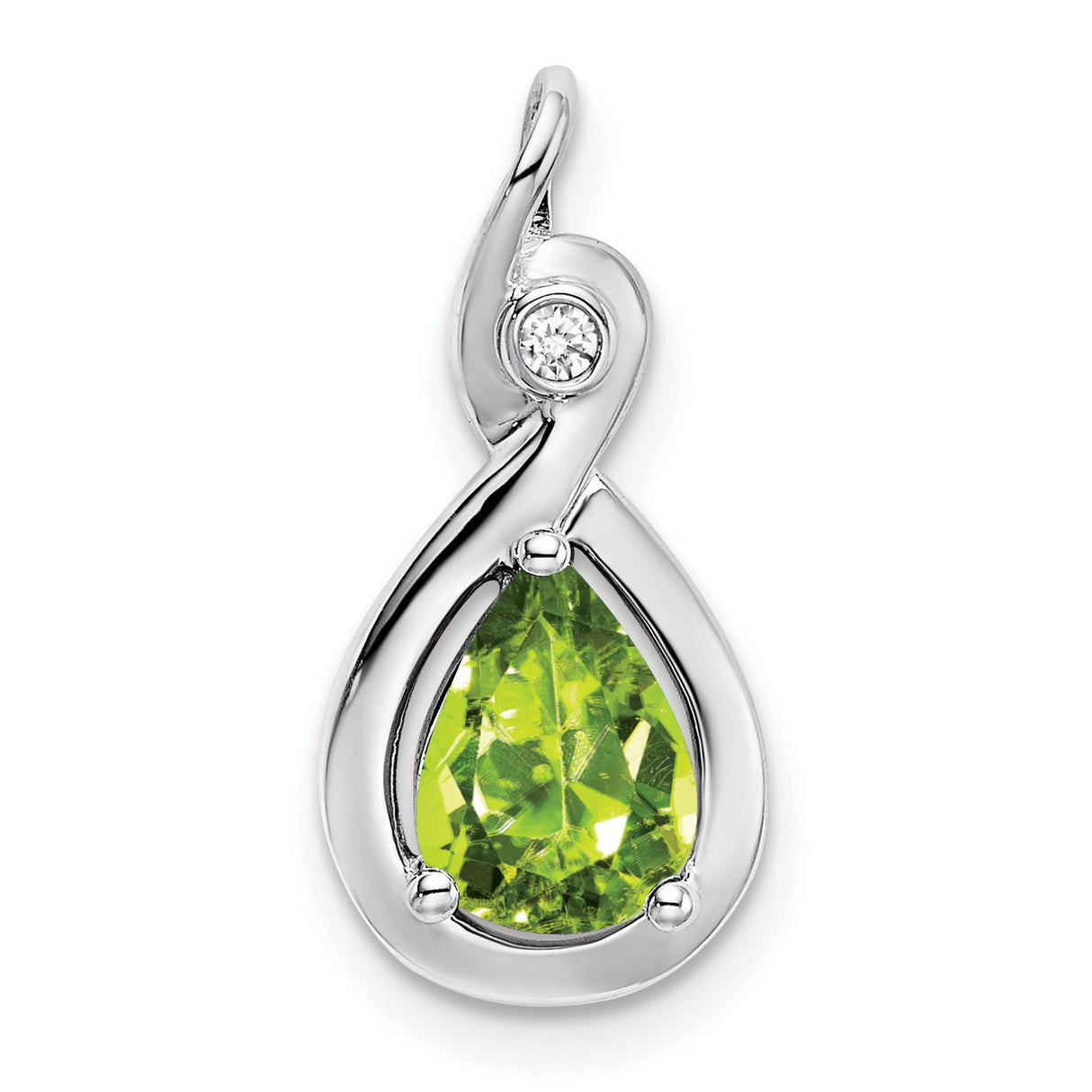14k White Gold Pendant with Pear Cut Peridot and Diamond Accent in Swirl Design
