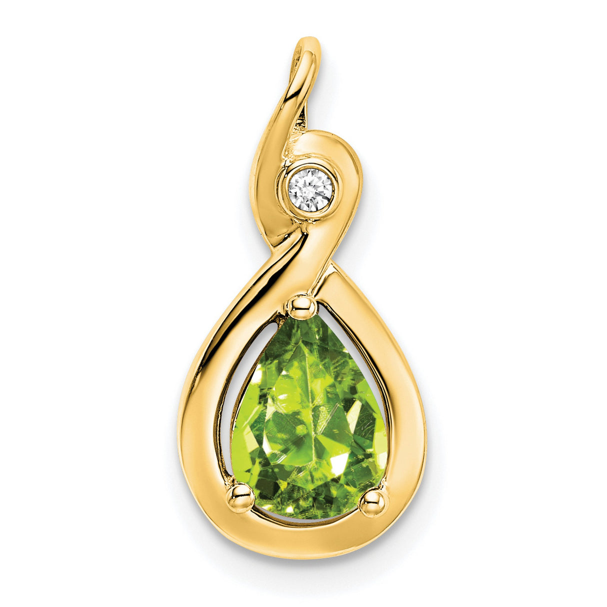 14k Yellow Gold Pendant with Teardrop Peridot and Diamond in Swirl Design