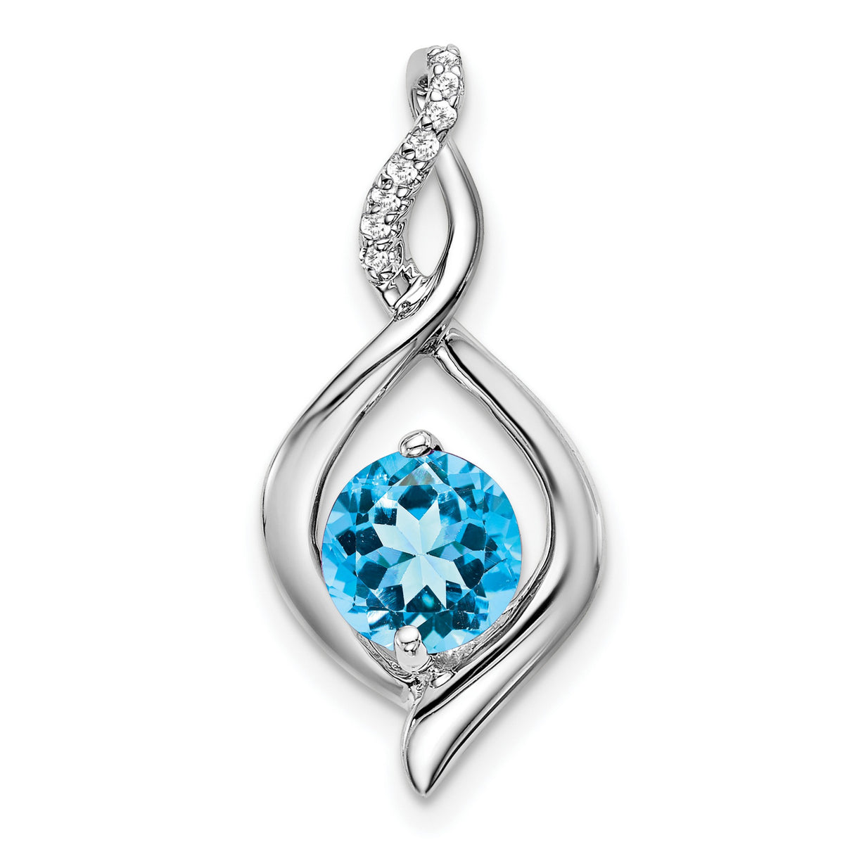 14k White Gold Pendant with Swiss Blue Topaz and Diamond Accented Swirl Design