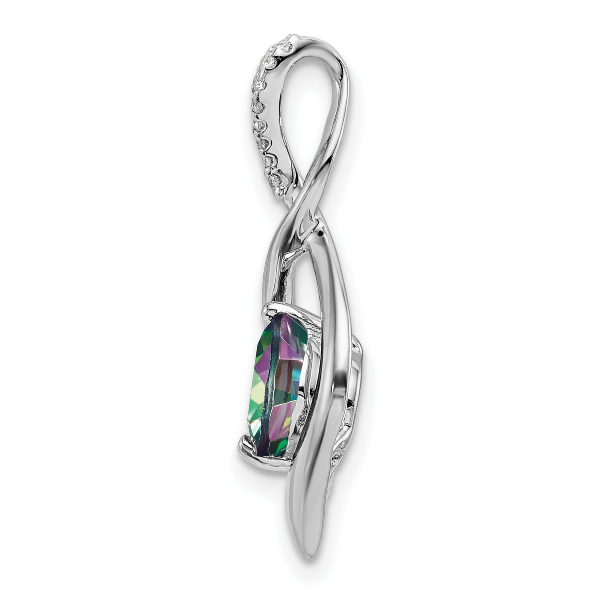 14k White Gold Pendant with Mystic Fire Topaz and Diamond Accents, Twisted Infinity Swirl Design