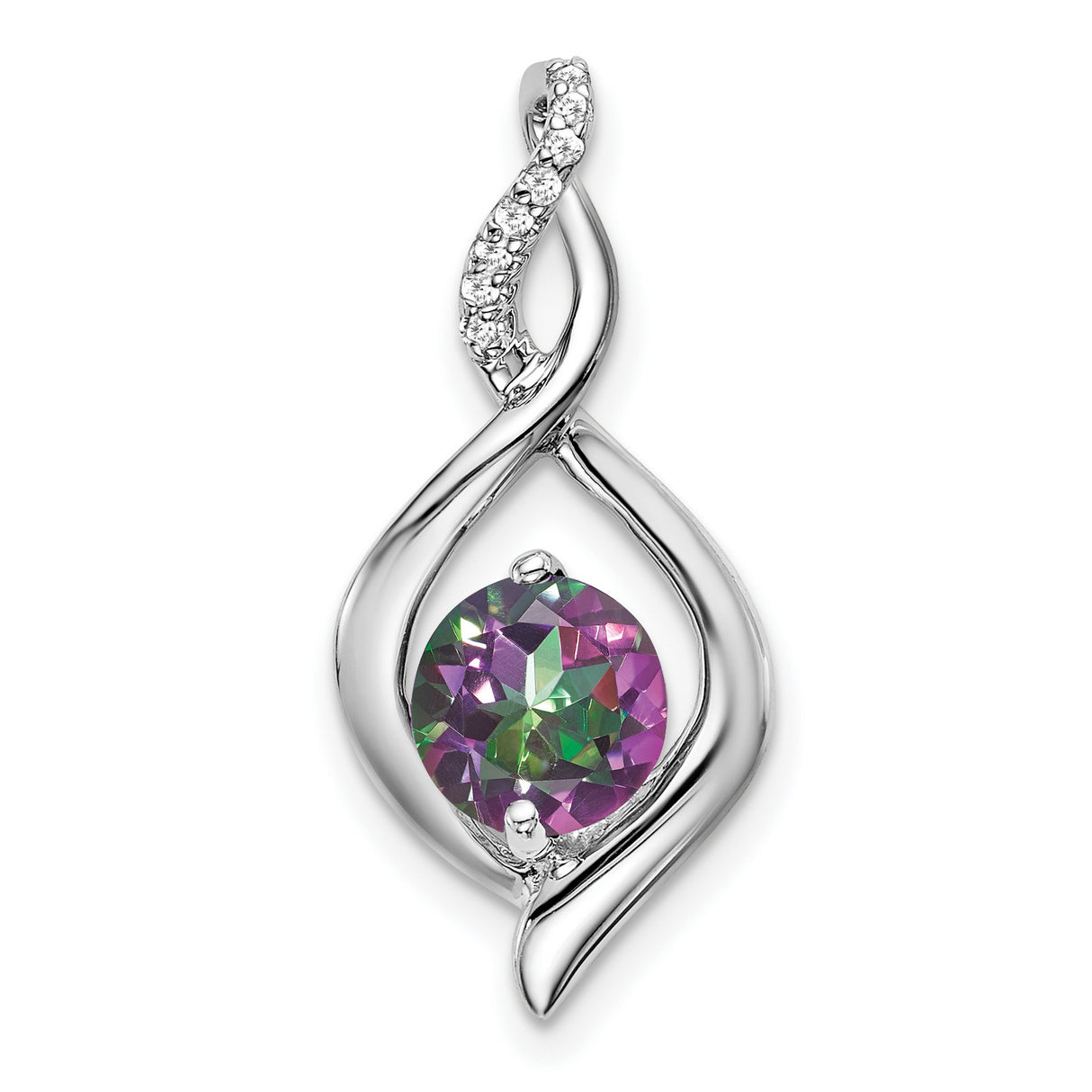 14k White Gold Pendant with Mystic Fire Topaz and Diamond Accents, Twisted Infinity Swirl Design