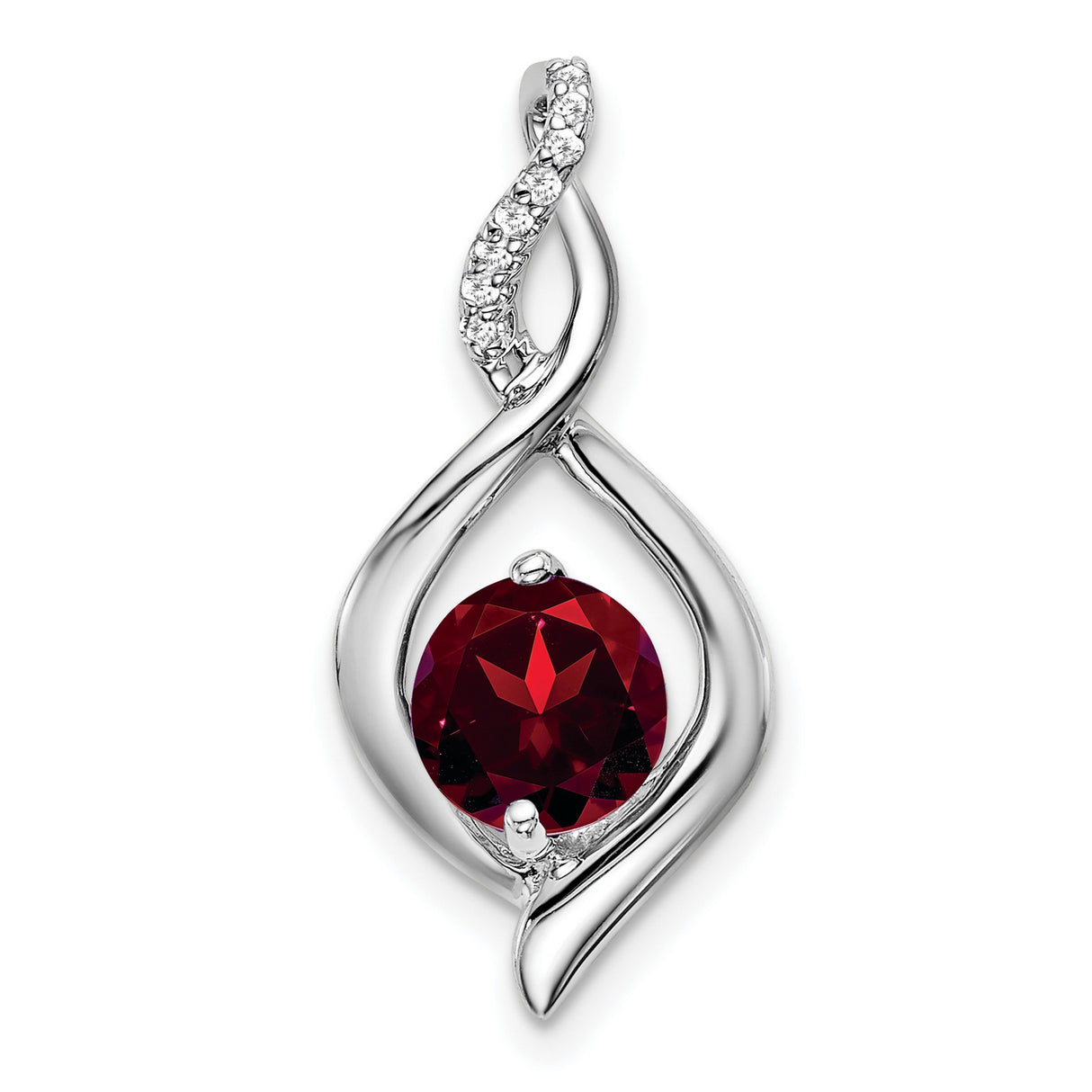 14k White Gold Pendant with Garnet and Diamond Accents in Twisted Teardrop Design