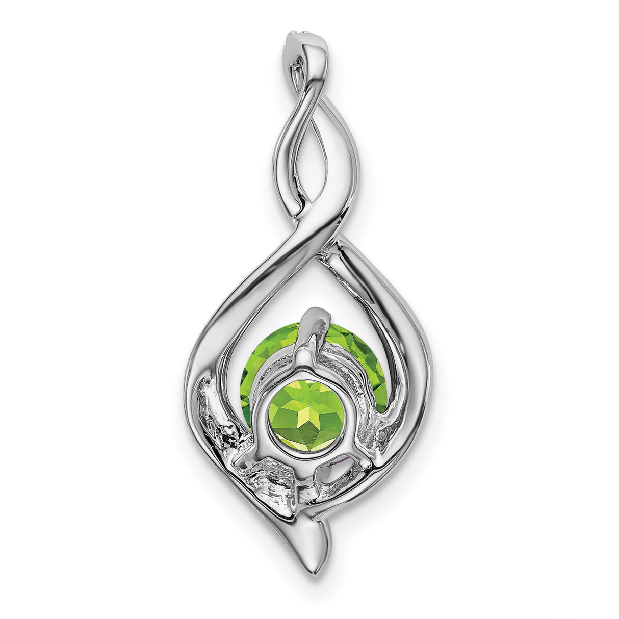 14k White Gold Pendant with Round Peridot and Diamond Swirl Accent Twist Design