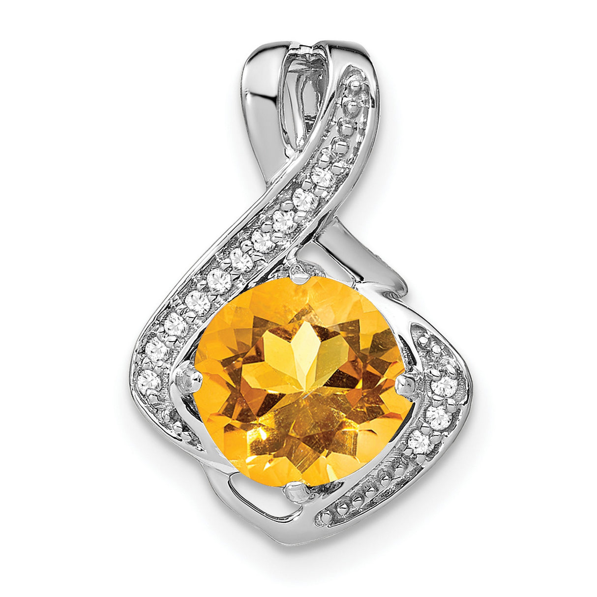 14k White Gold Pendant with Round Citrine and Diamond Accents, Modern Flowing Design