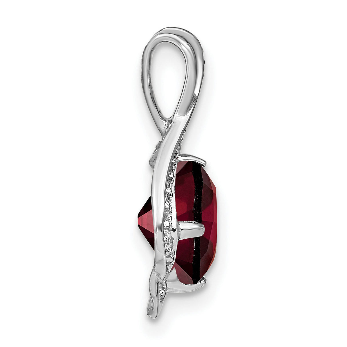 14k White Gold Pendant with Garnet and Diamond Accent, Swirl Design, January Birthstone Charm