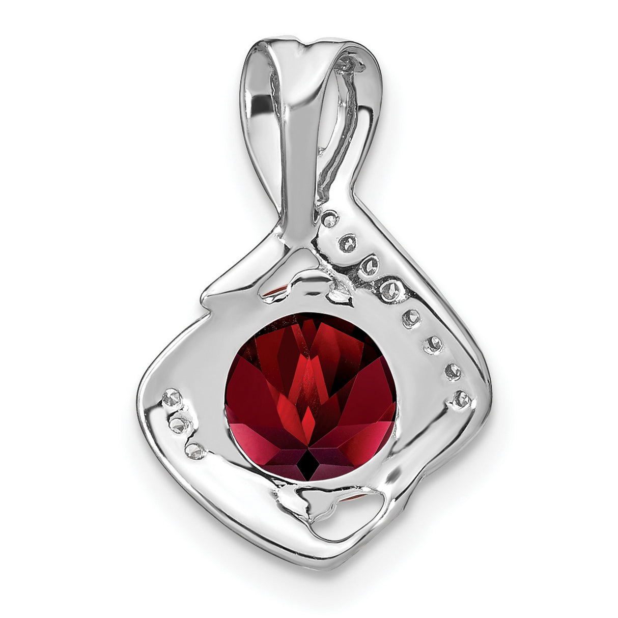 14k White Gold Pendant with Garnet and Diamond Accent, Swirl Design, January Birthstone Charm