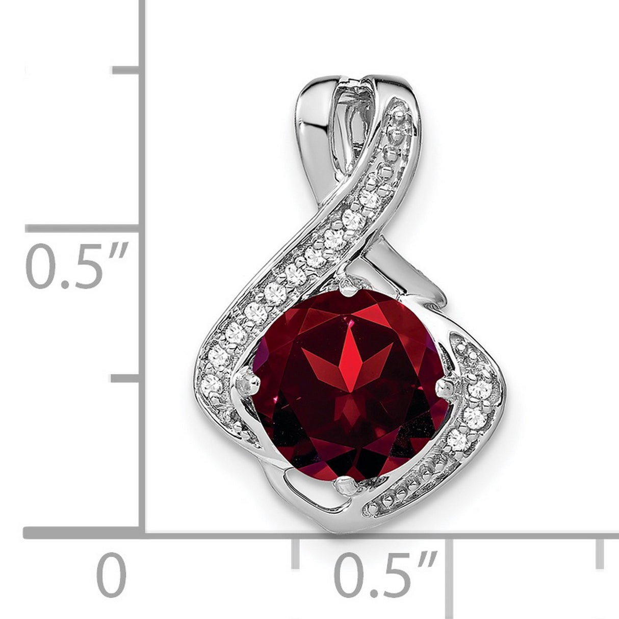 14k White Gold Pendant with Garnet and Diamond Accent, Swirl Design, January Birthstone Charm
