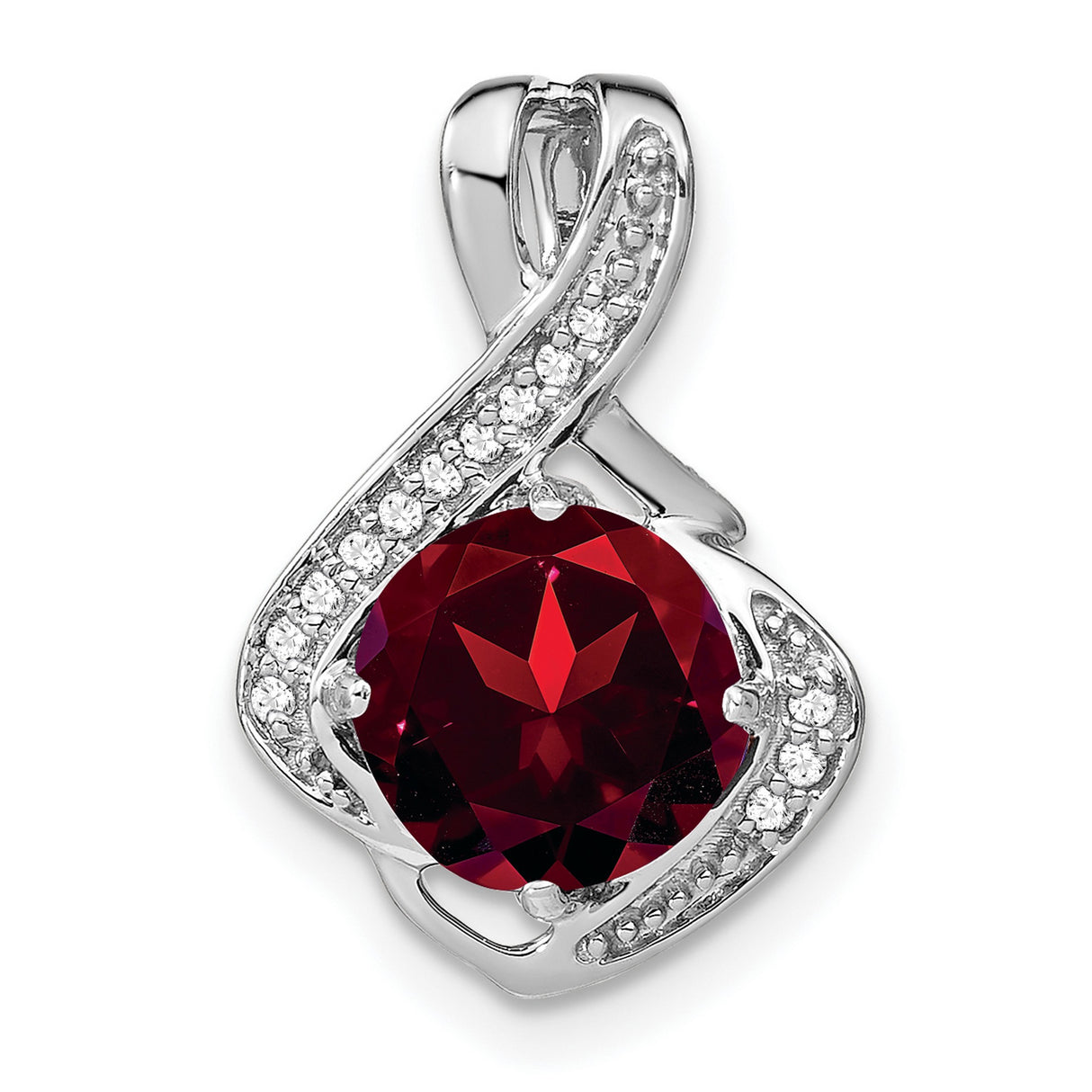 14k White Gold Pendant with Garnet and Diamond Accent, Swirl Design, January Birthstone Charm