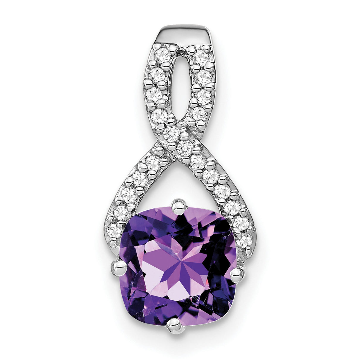 14k White Gold Infinity Pendant with Cushion Cut Amethyst and Diamond Accents