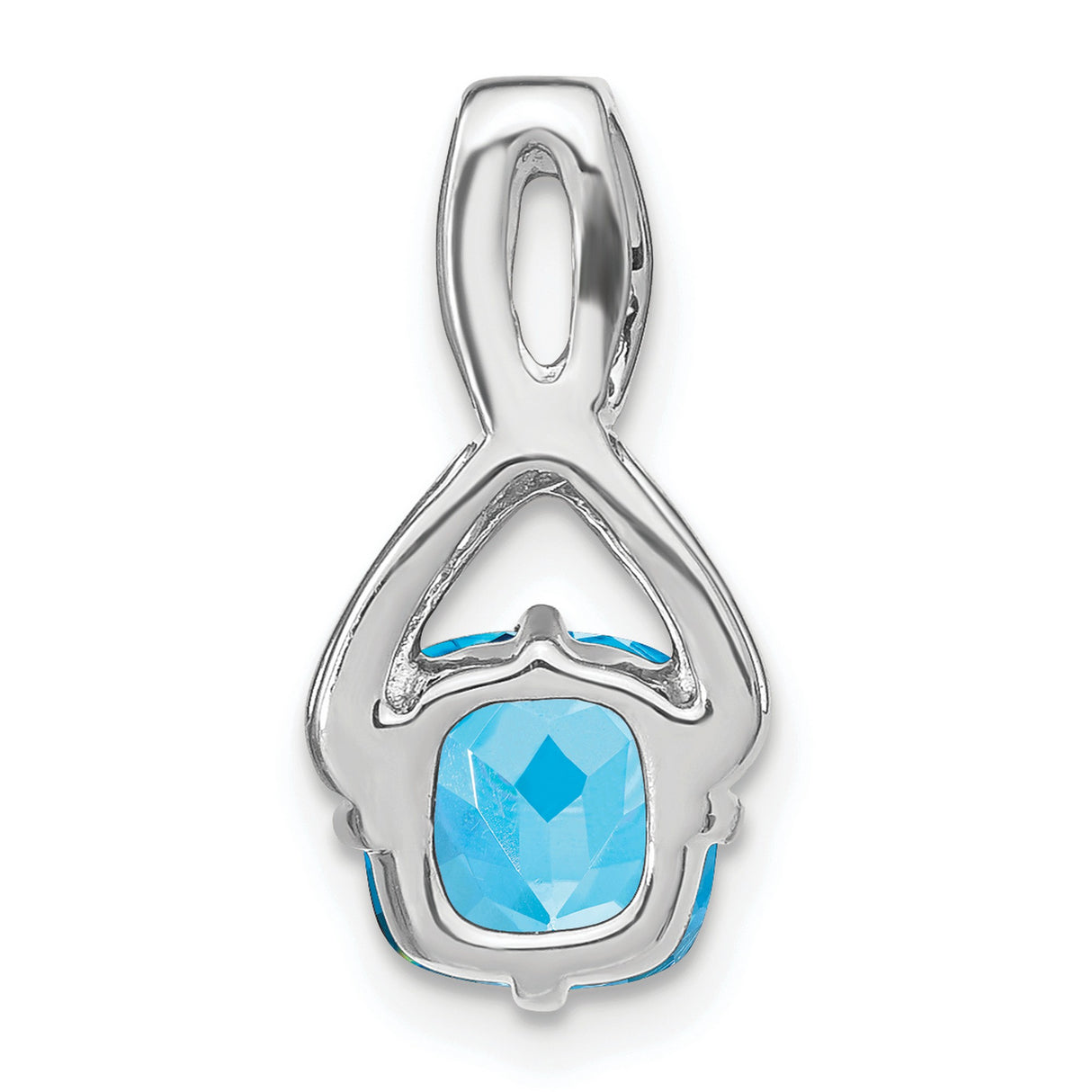 14k White Gold Infinity Pendant with Cushion Cut Swiss Blue Topaz and Diamond Accent