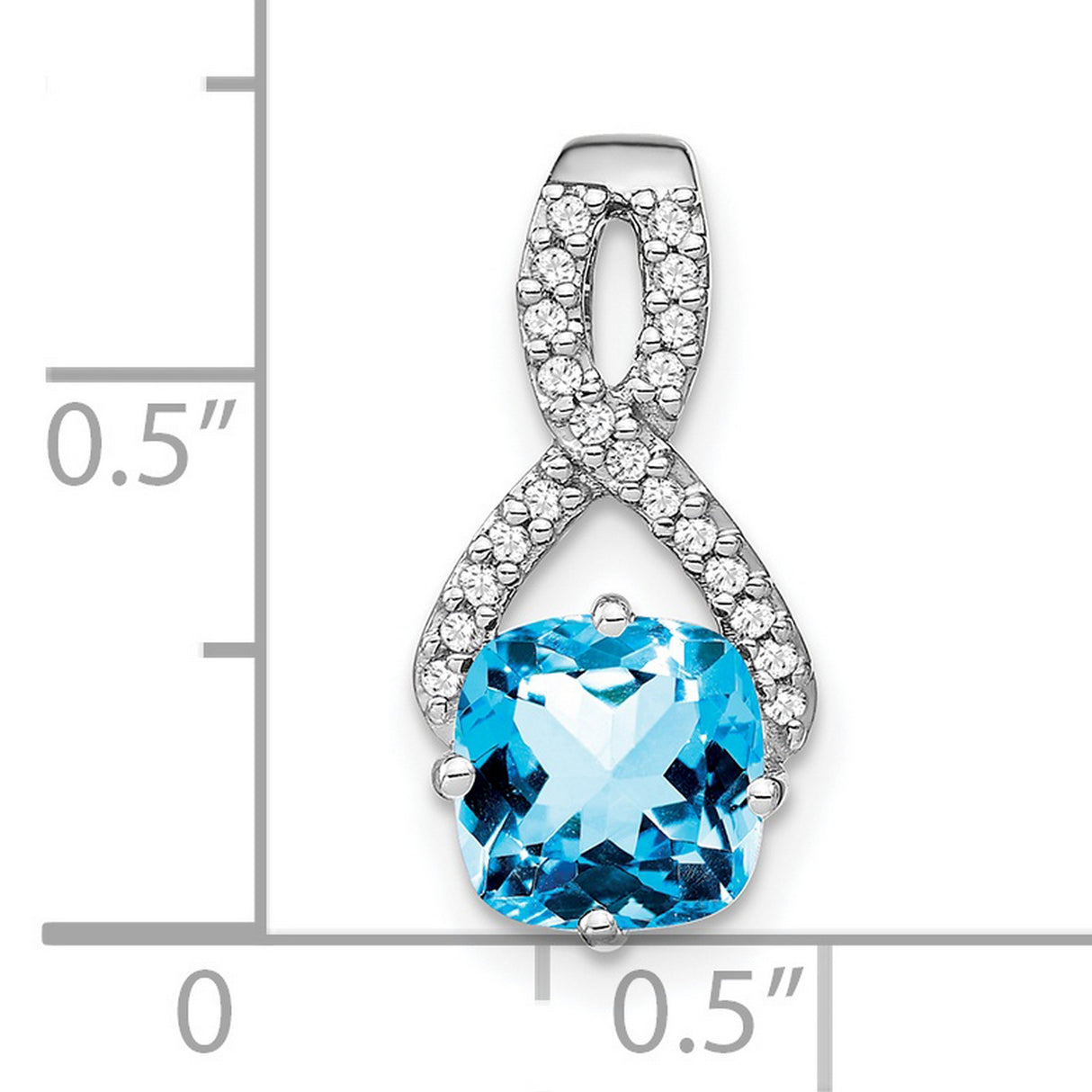 14k White Gold Infinity Pendant with Cushion Cut Swiss Blue Topaz and Diamond Accent