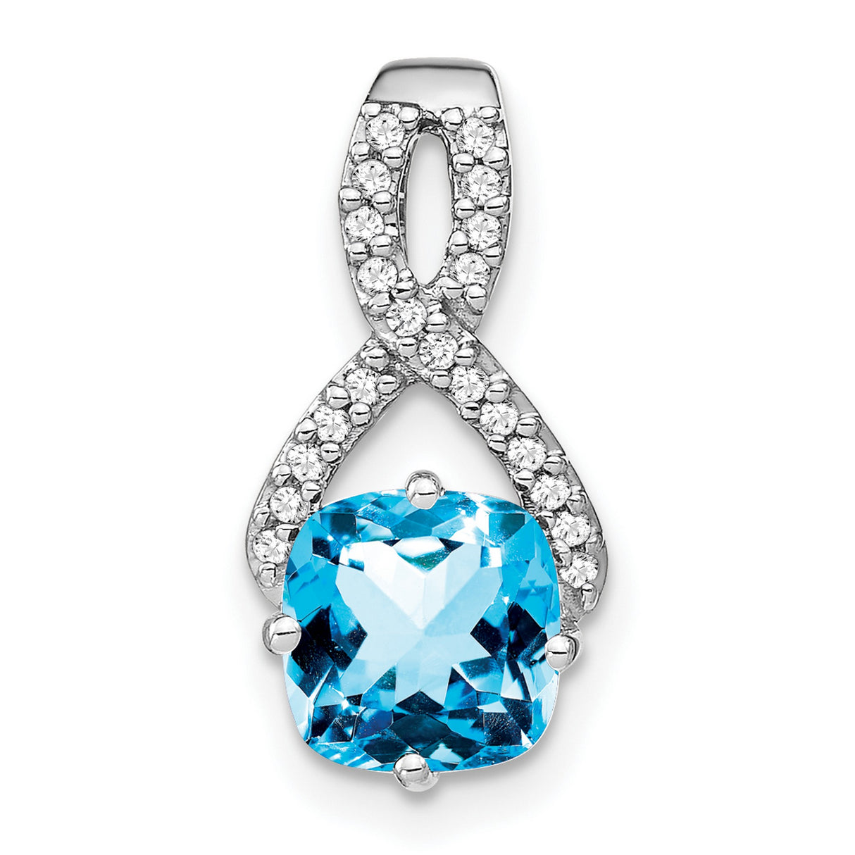 14k White Gold Infinity Pendant with Cushion Cut Swiss Blue Topaz and Diamond Accent