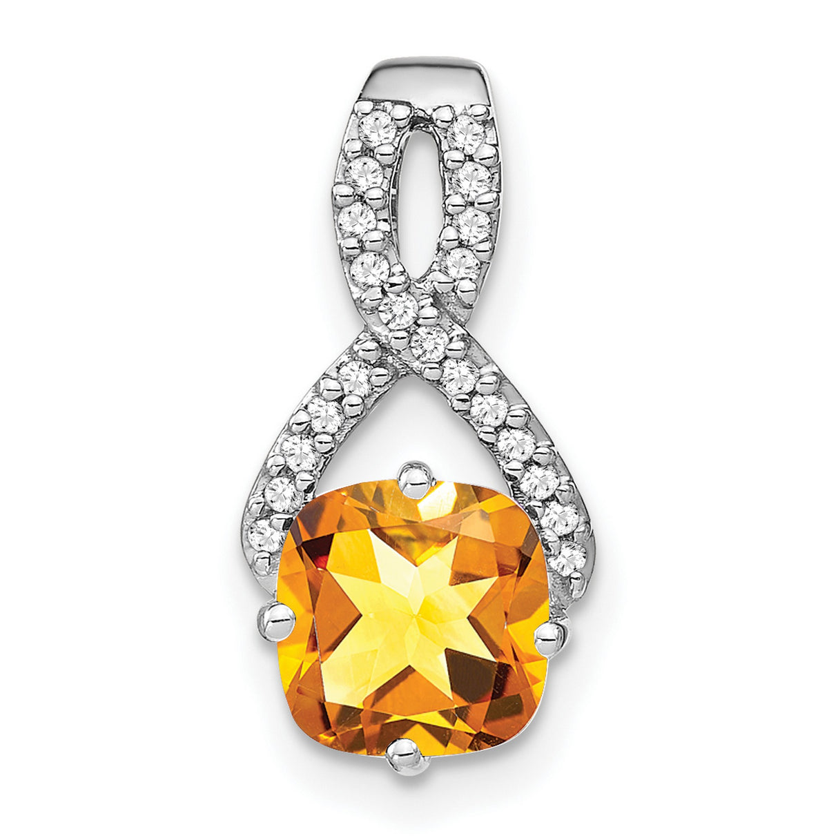 14k White Gold Infinity Pendant with Cushion Cut Citrine and Diamond Accents