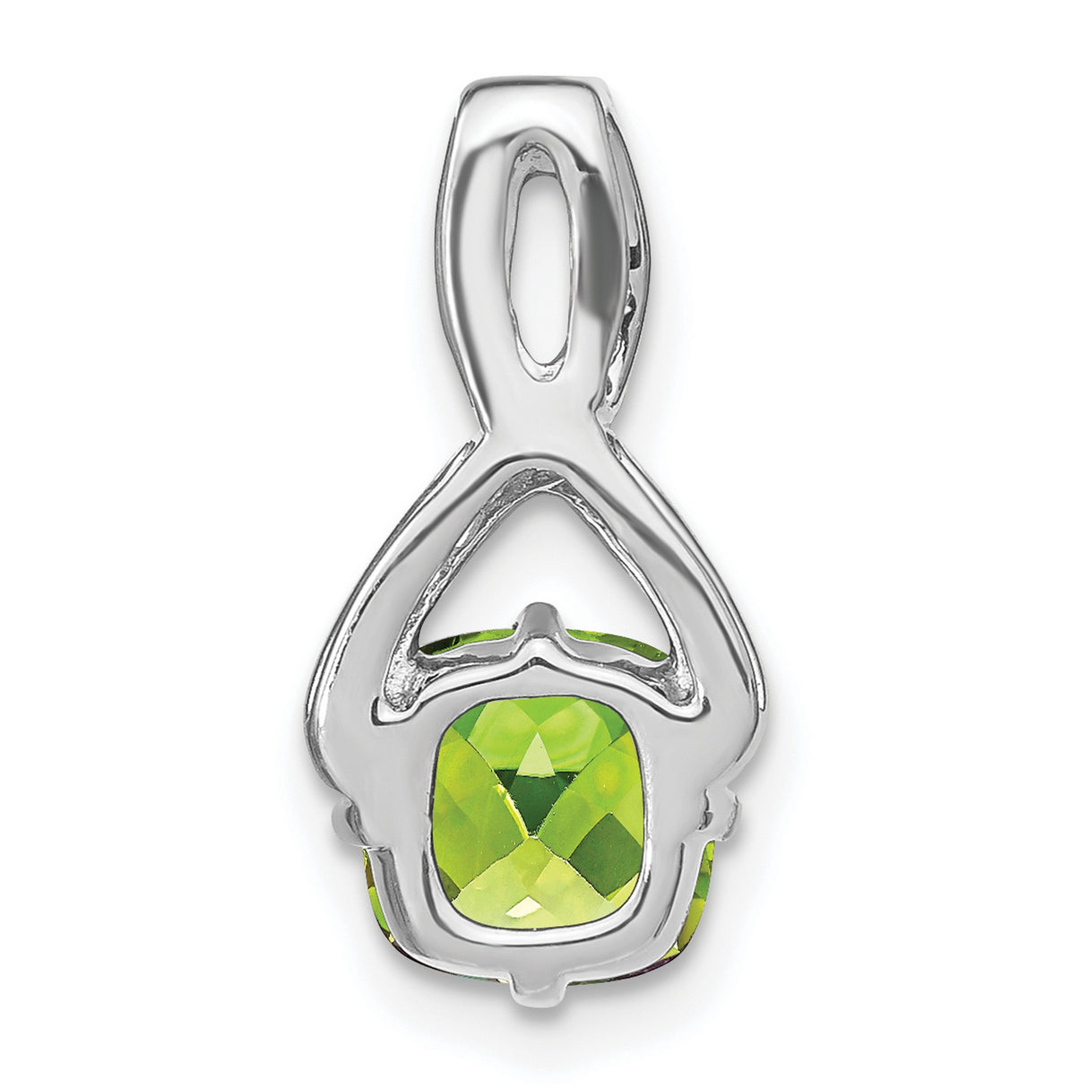 14k White Gold Infinity Pendant with Cushion Cut Peridot and Diamond Accents
