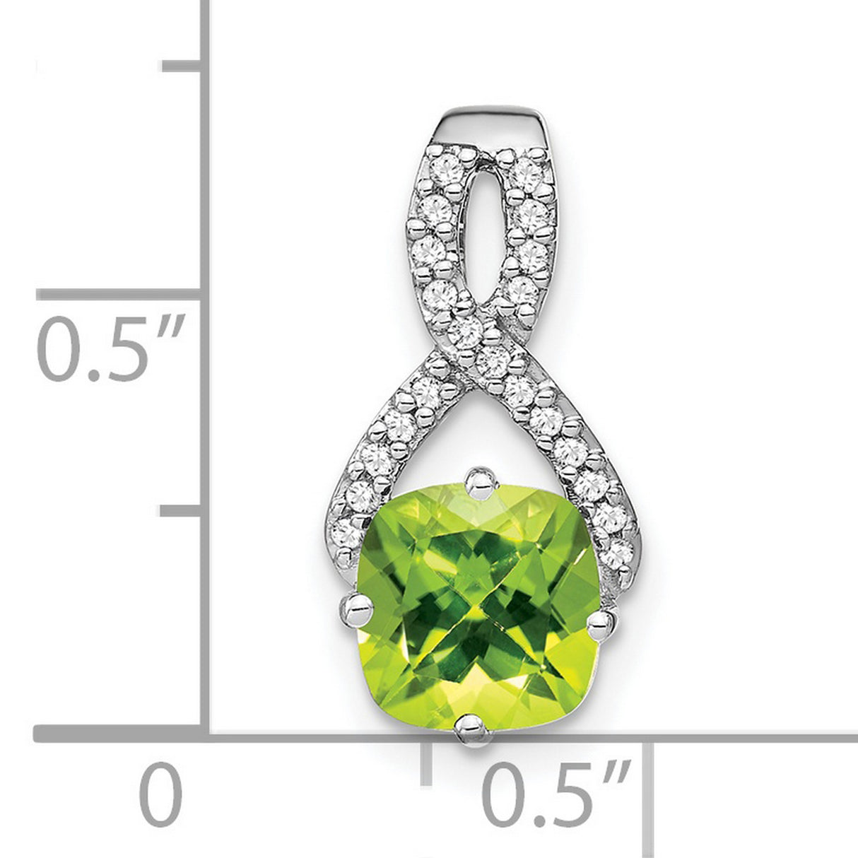14k White Gold Infinity Pendant with Cushion Cut Peridot and Diamond Accents