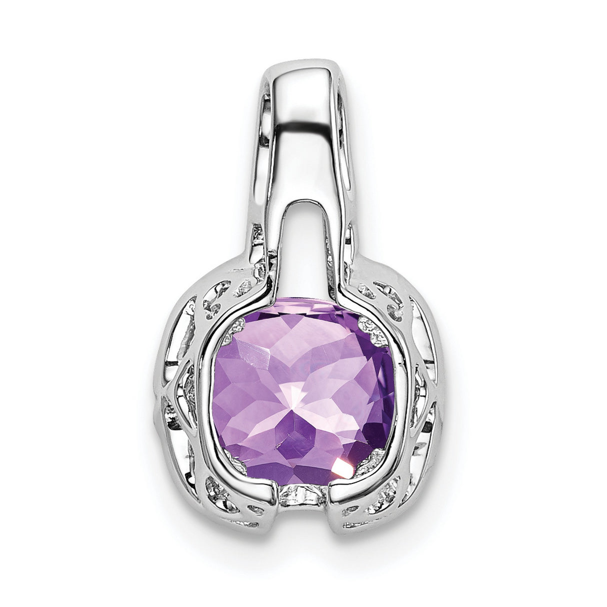 14k White Gold Pendant with Cushion Cut Amethyst and Diamond Halo
