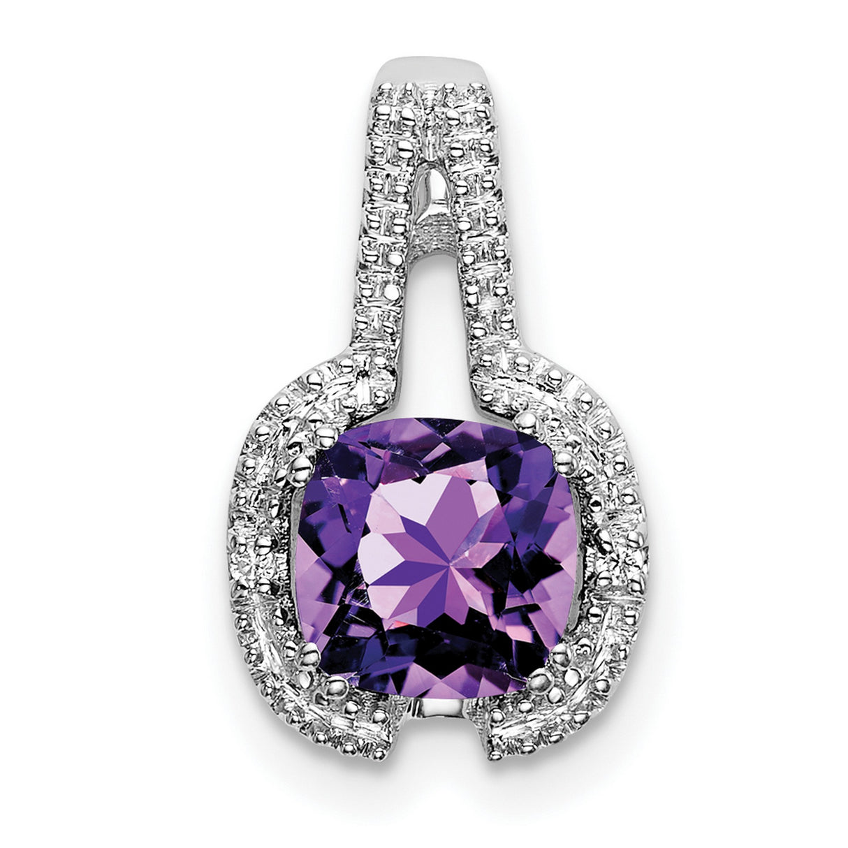 14k White Gold Pendant with Cushion Cut Amethyst and Diamond Halo